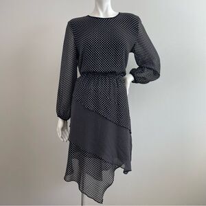 DKNY Black & White Polka Dot Long Sleeve Handkerchief Hem Career Dress